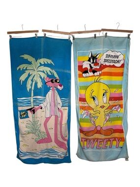 (Lot of 2) 80s Looney Tunes Beach Towels Pink Panther Pow Tweety Bird Sylvester